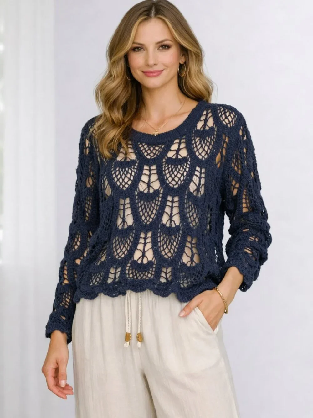POL Navy Blue Crochet Sweater OS Open Knit Cotton Boho Scallop NWT